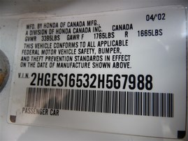 2002 Honda Civic LX White Sedan 1.7L AT #A24926